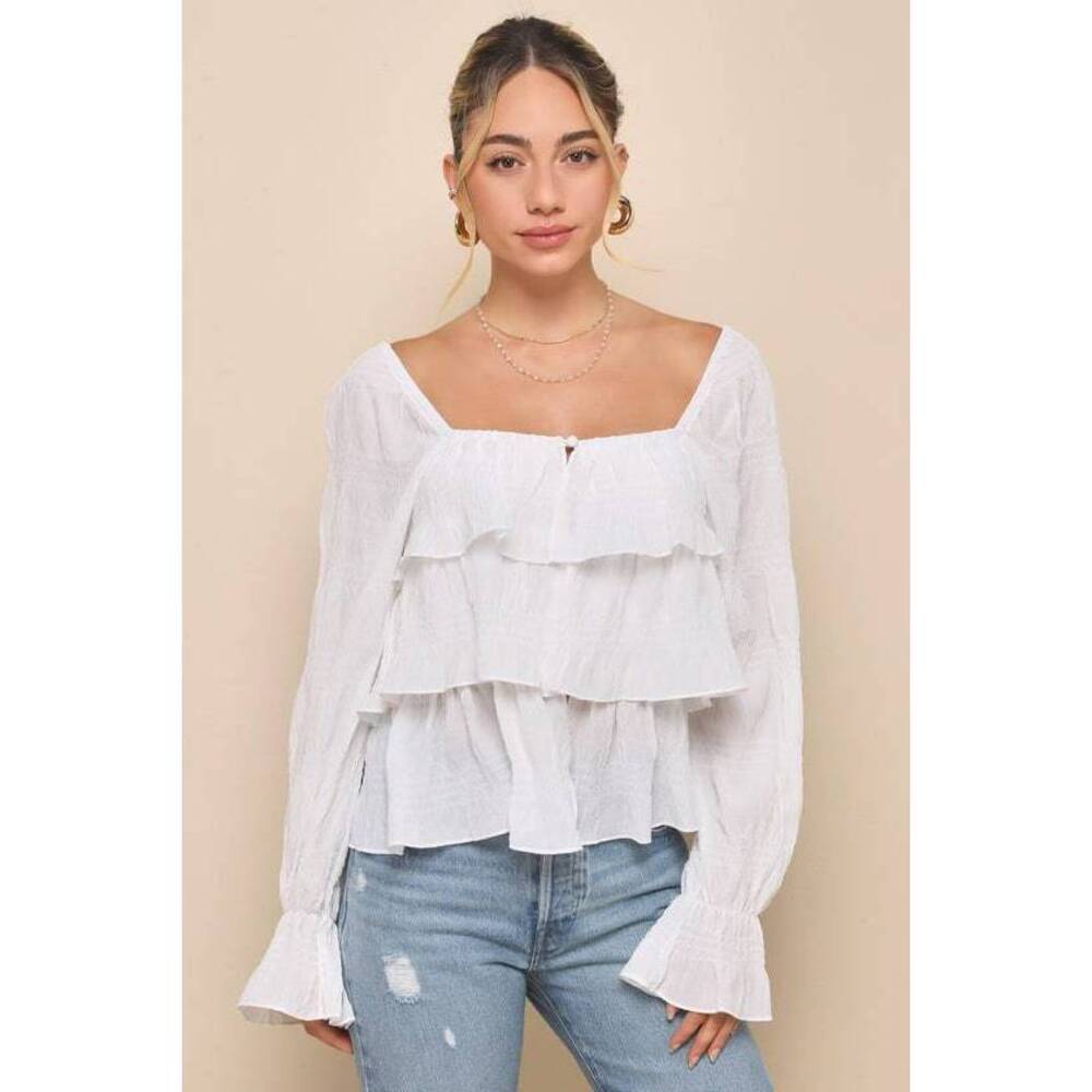 Lulus Tier Decadence Ivory Tiered Ruffled Long Sleeve Button-up Top White